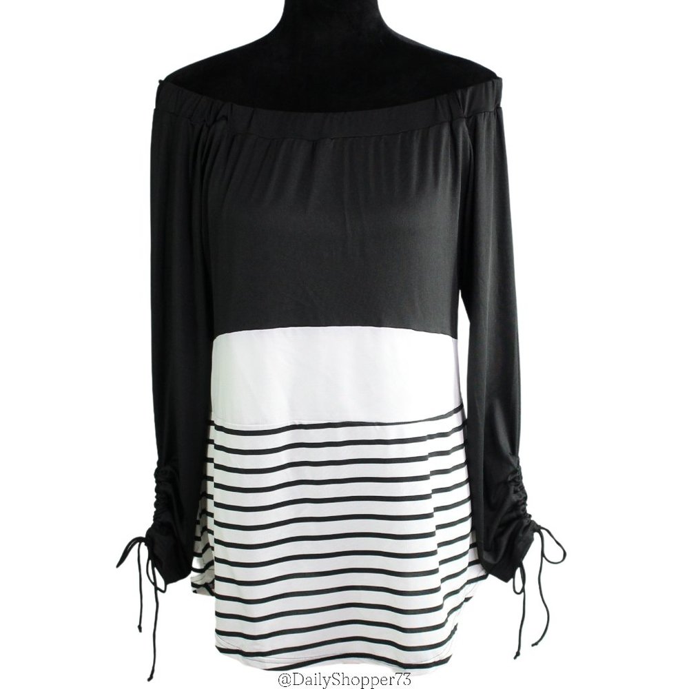 Measeor Women's Striped Off-the-Shoulder 3/4 Length Ruched Sleeve Tunic Shirt